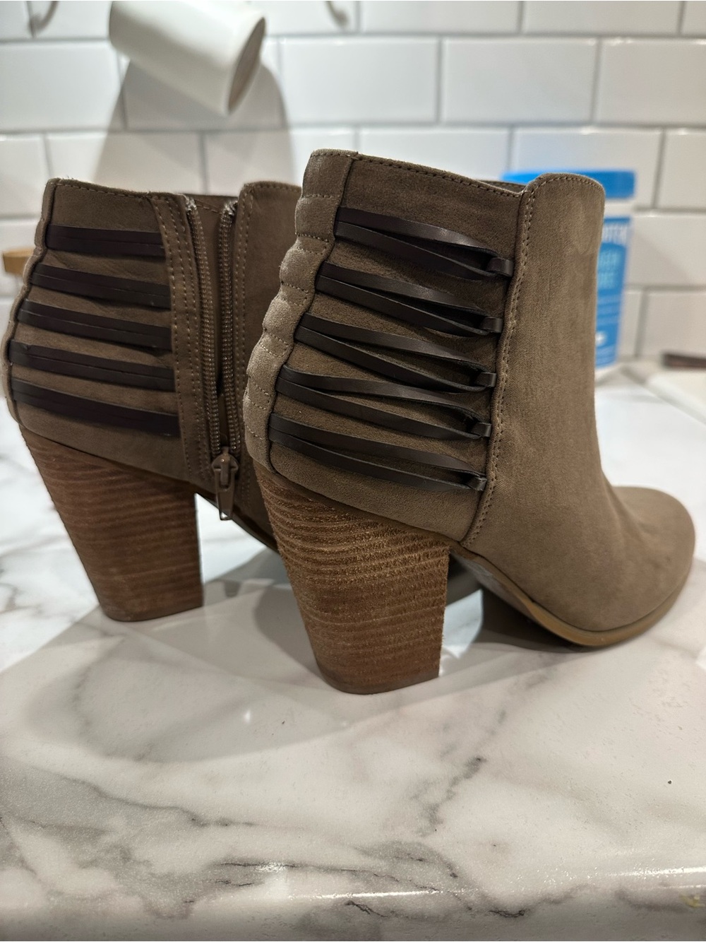 Carlos Taupe Suede Ankle Booties with Stacked Wood Heel